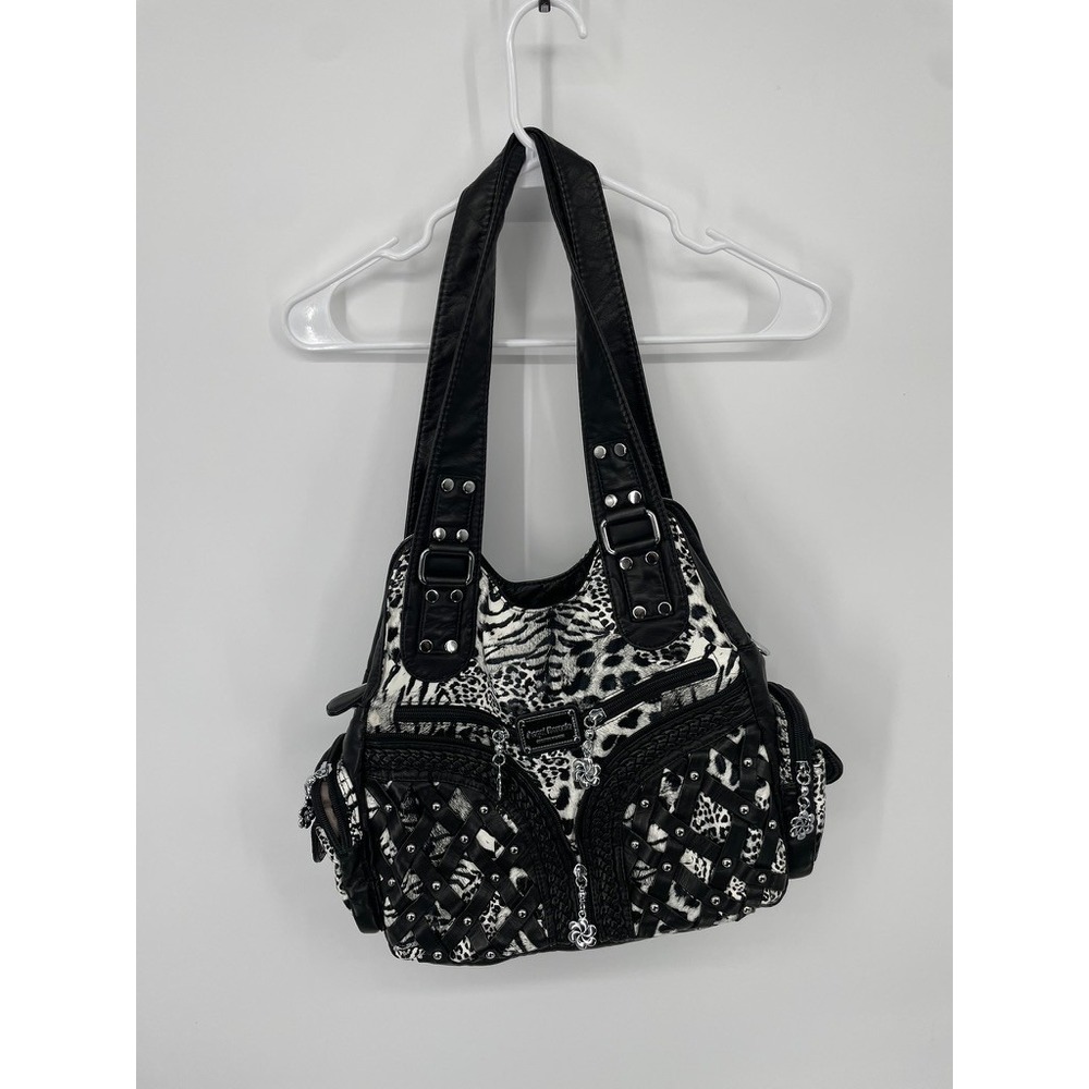 Angel Barcelo Hobo Bag Women's OS Black Leopard Print Studded Shoulder Strap NWT